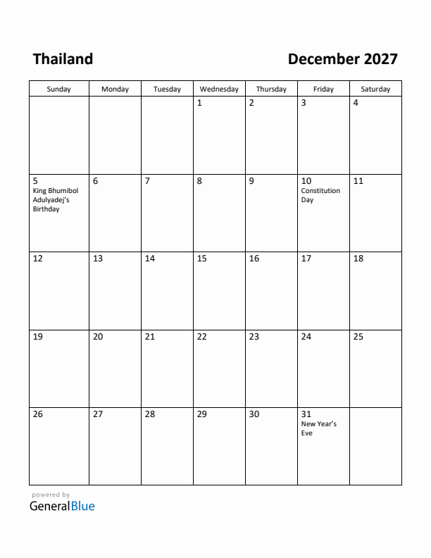 December 2027 Calendar with Thailand Holidays