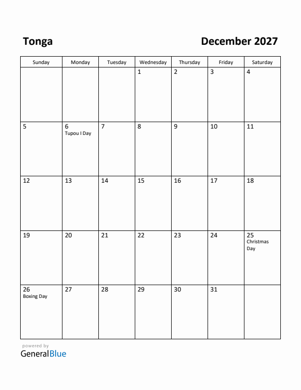 December 2027 Calendar with Tonga Holidays