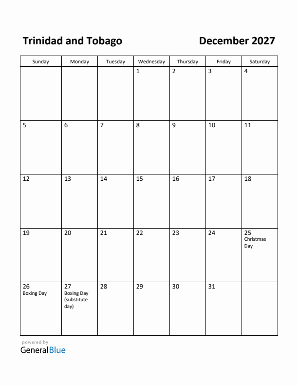 December 2027 Calendar with Trinidad and Tobago Holidays