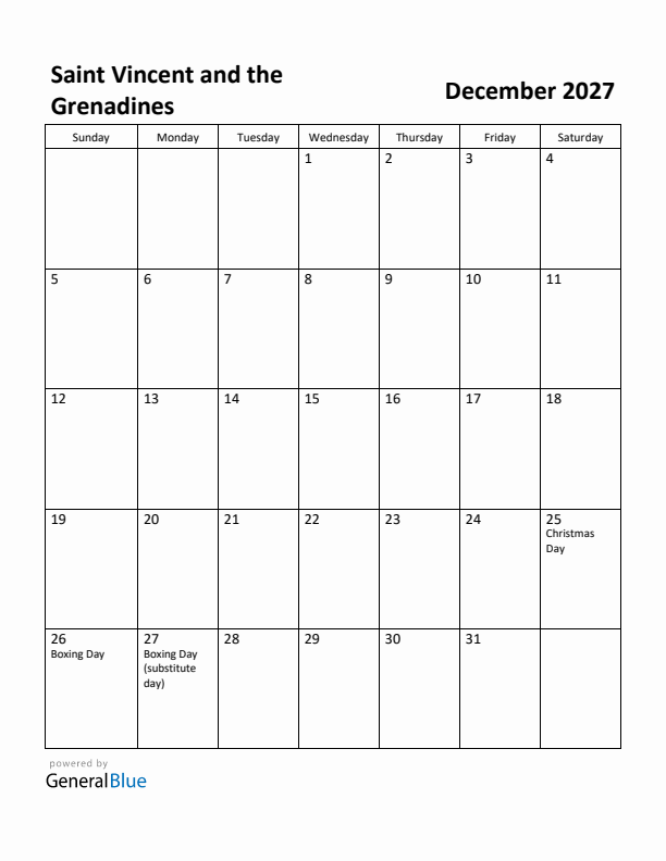 December 2027 Calendar with Saint Vincent and the Grenadines Holidays