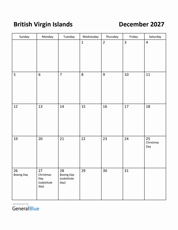 December 2027 Calendar with British Virgin Islands Holidays