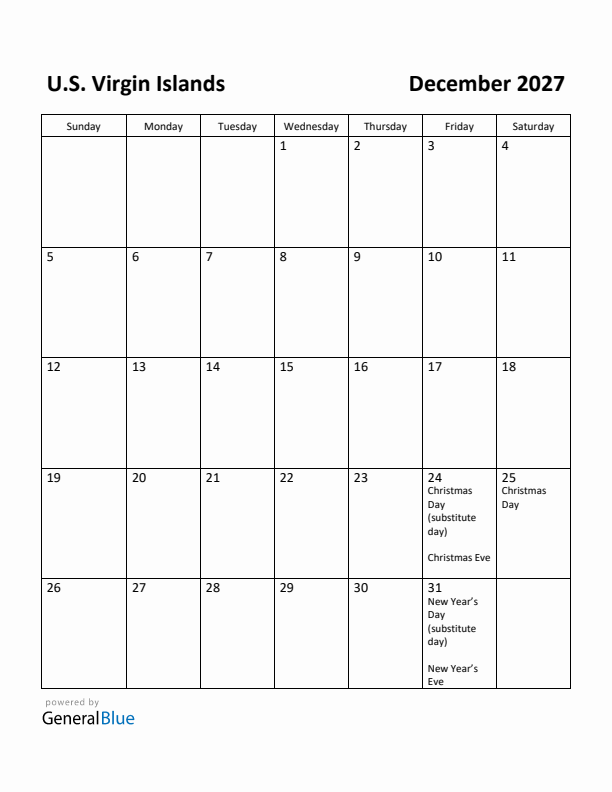 December 2027 Calendar with U.S. Virgin Islands Holidays