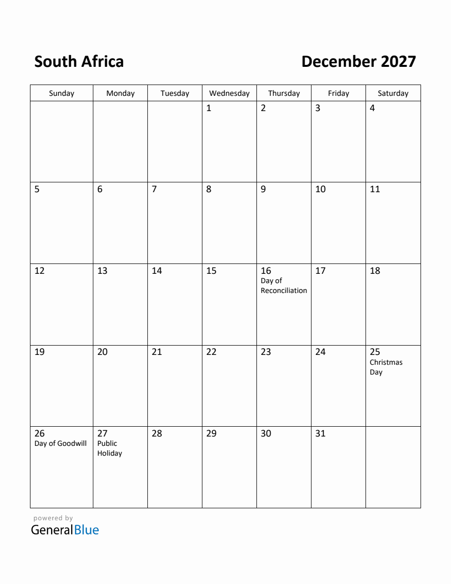 Free Printable December 2027 Calendar for South Africa