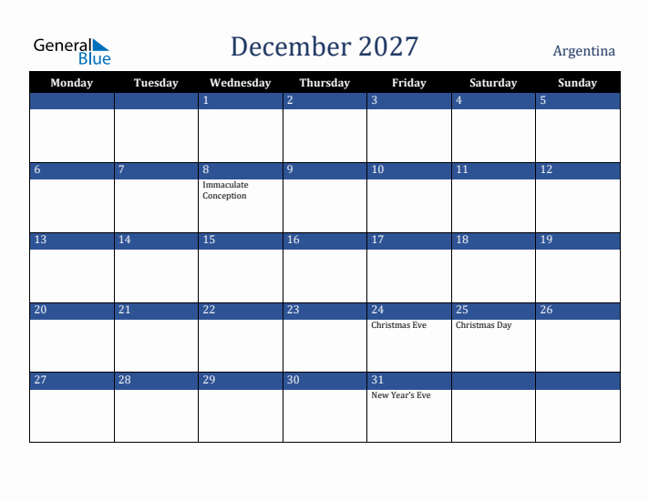 December 2027 Argentina Calendar (Monday Start)