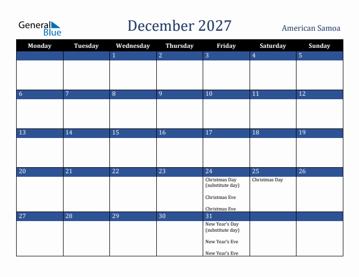 December 2027 American Samoa Calendar (Monday Start)