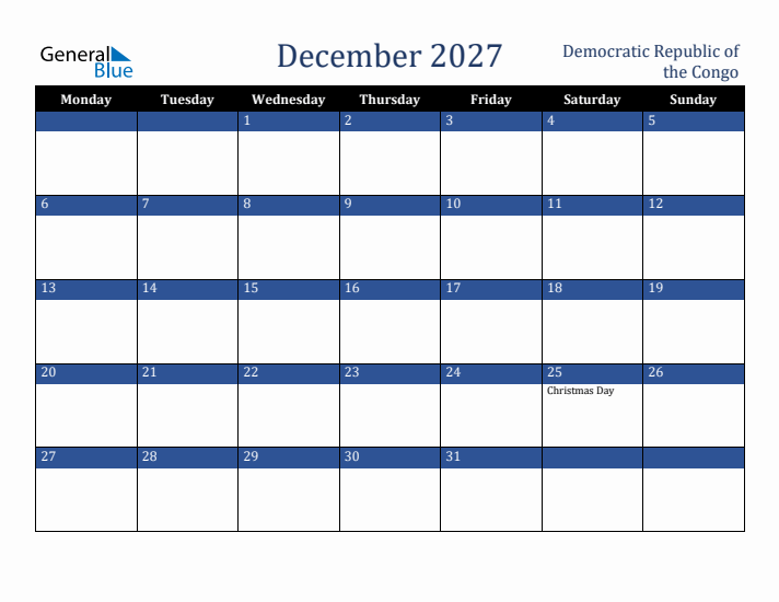 December 2027 Democratic Republic of the Congo Calendar (Monday Start)