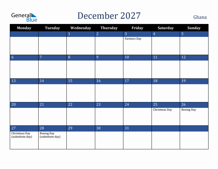 December 2027 Ghana Calendar (Monday Start)