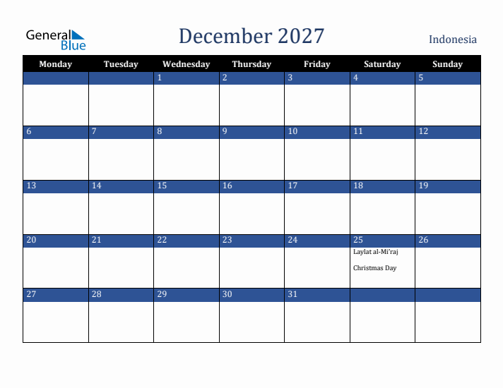 December 2027 Indonesia Calendar (Monday Start)