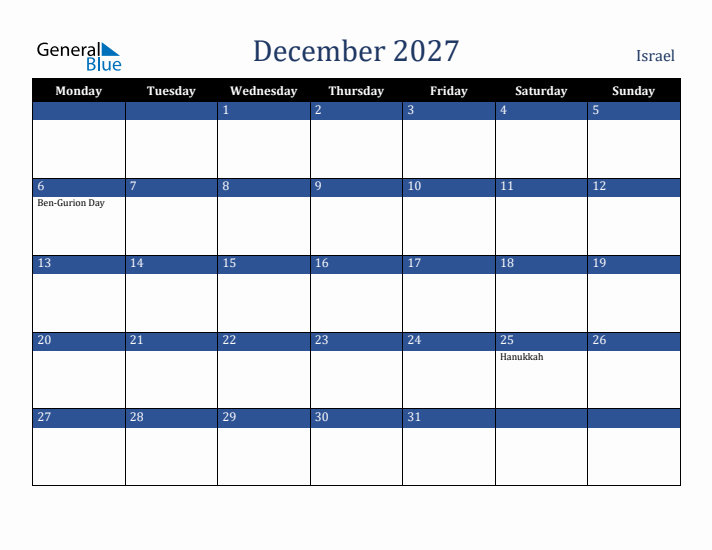 December 2027 Israel Calendar (Monday Start)