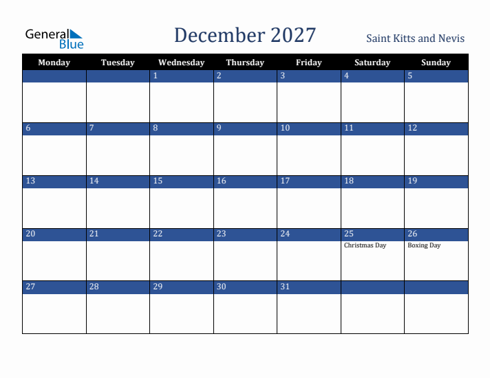 December 2027 Saint Kitts and Nevis Calendar (Monday Start)