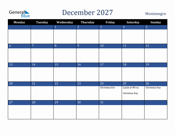 December 2027 Montenegro Calendar (Monday Start)