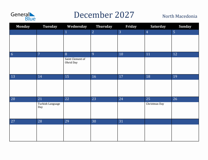 December 2027 North Macedonia Calendar (Monday Start)