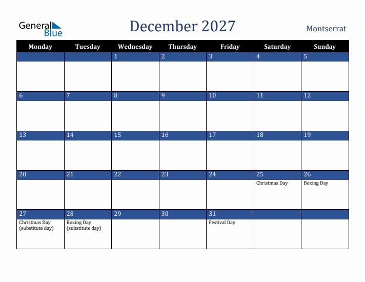 December 2027 Montserrat Calendar (Monday Start)