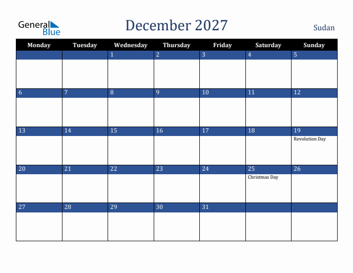 December 2027 Sudan Calendar (Monday Start)