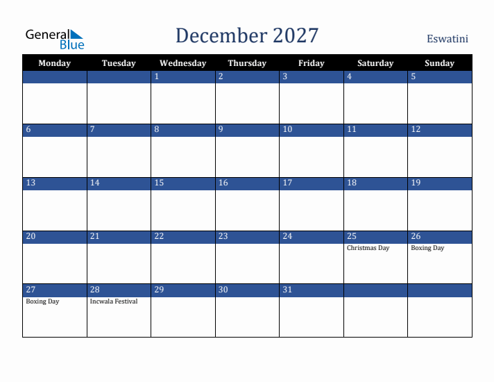 December 2027 Eswatini Calendar (Monday Start)