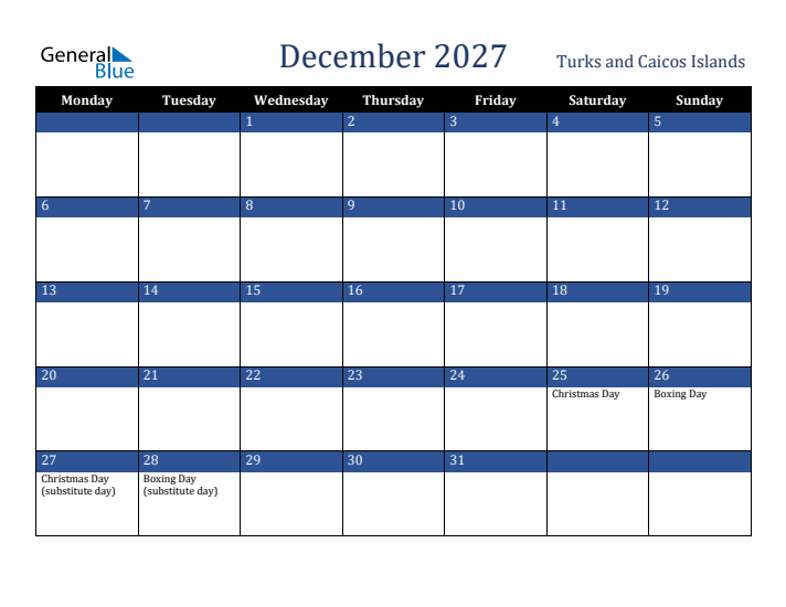December 2027 Turks and Caicos Islands Calendar (Monday Start)