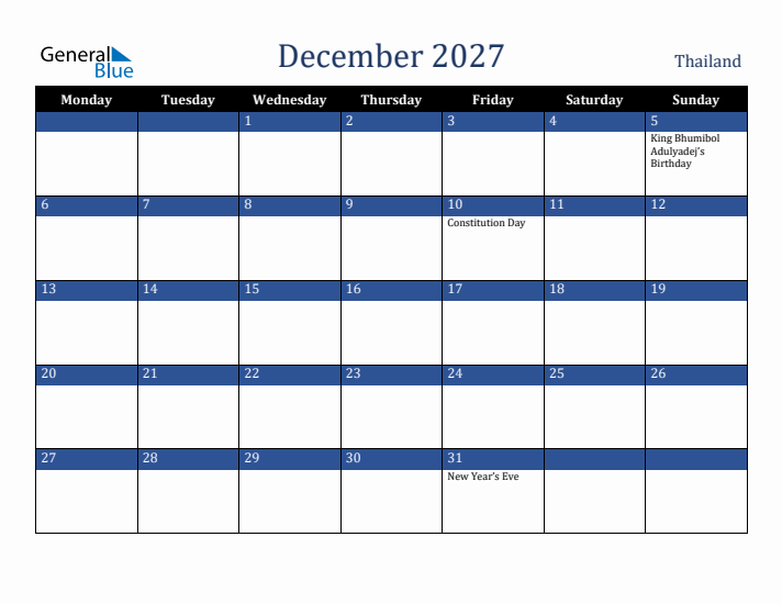 December 2027 Thailand Calendar (Monday Start)