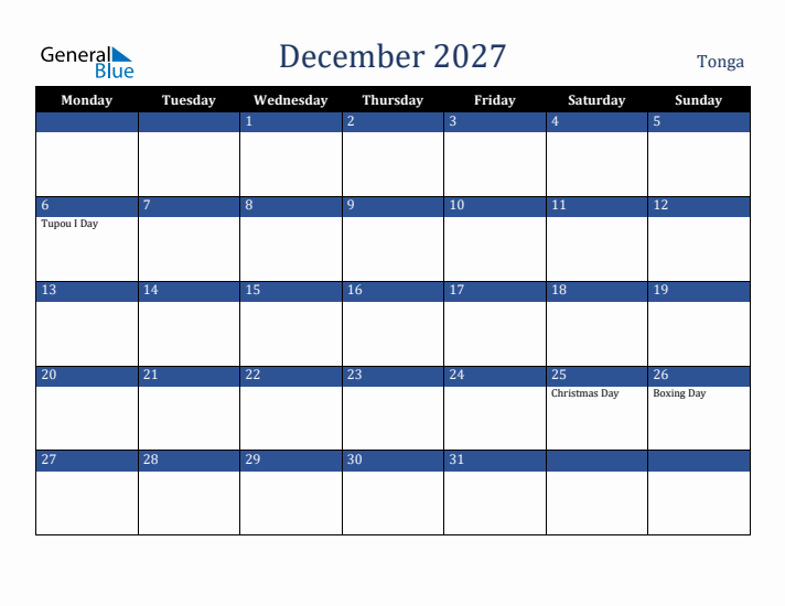 December 2027 Tonga Calendar (Monday Start)