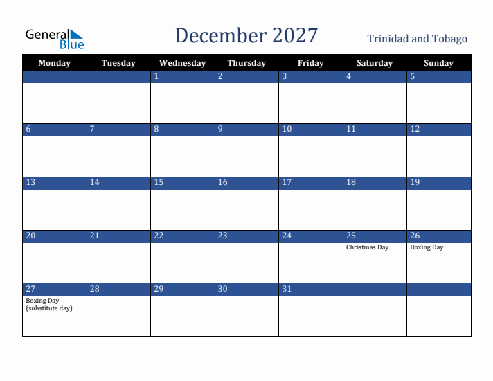 December 2027 Trinidad and Tobago Calendar (Monday Start)
