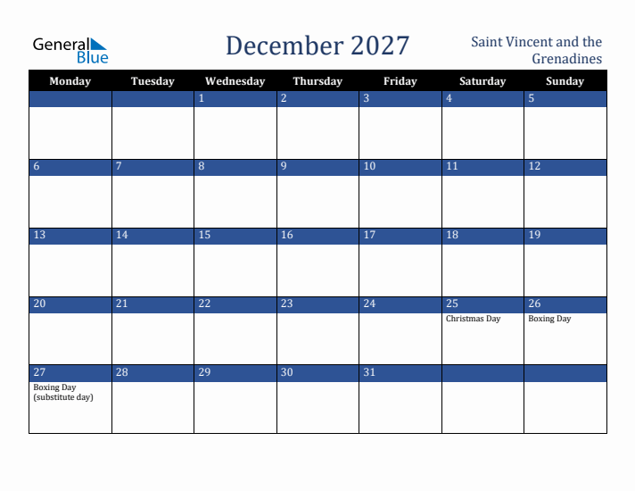December 2027 Saint Vincent and the Grenadines Calendar (Monday Start)