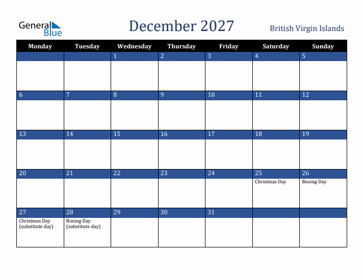 December 2027 British Virgin Islands Calendar (Monday Start)