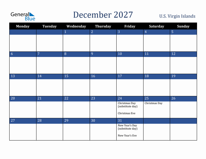 December 2027 U.S. Virgin Islands Calendar (Monday Start)