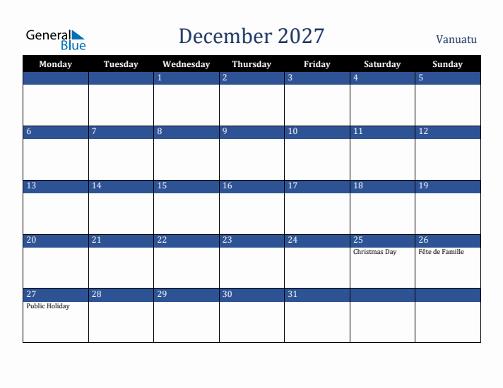 December 2027 Vanuatu Calendar (Monday Start)