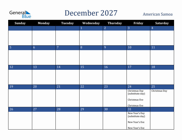 December 2027 American Samoa Calendar (Sunday Start)