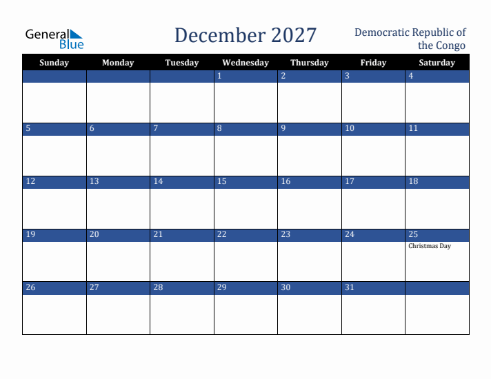 December 2027 Democratic Republic of the Congo Calendar (Sunday Start)