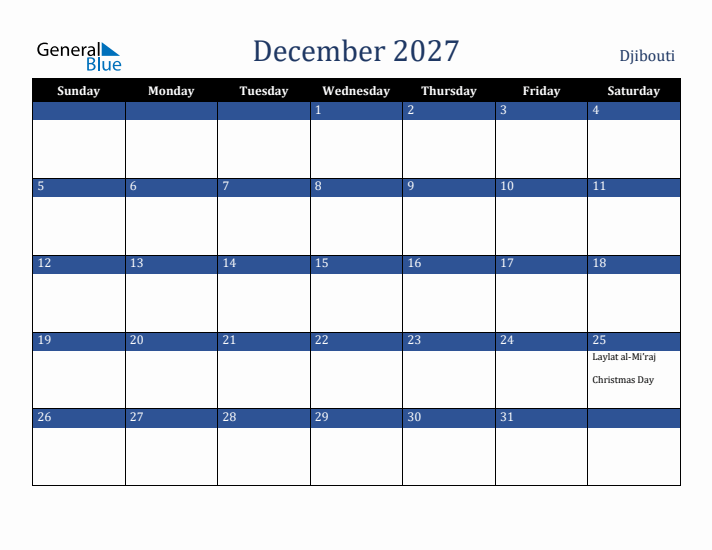 December 2027 Djibouti Calendar (Sunday Start)