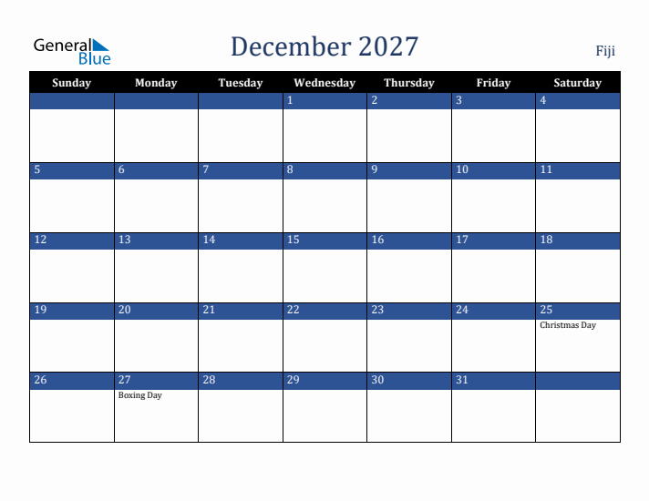 December 2027 Fiji Calendar (Sunday Start)