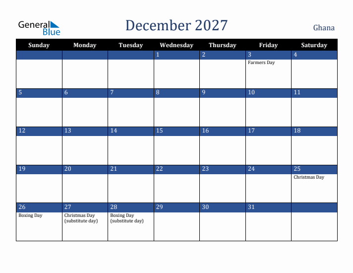 December 2027 Ghana Calendar (Sunday Start)