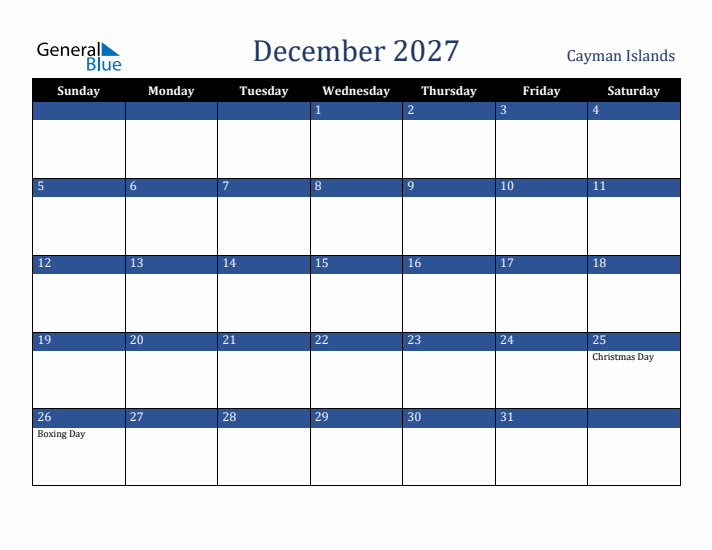 December 2027 Cayman Islands Calendar (Sunday Start)