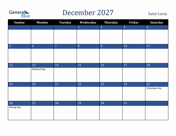 December 2027 Saint Lucia Calendar (Sunday Start)