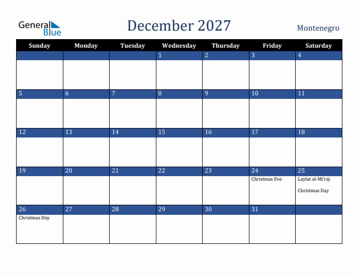 December 2027 Montenegro Calendar (Sunday Start)