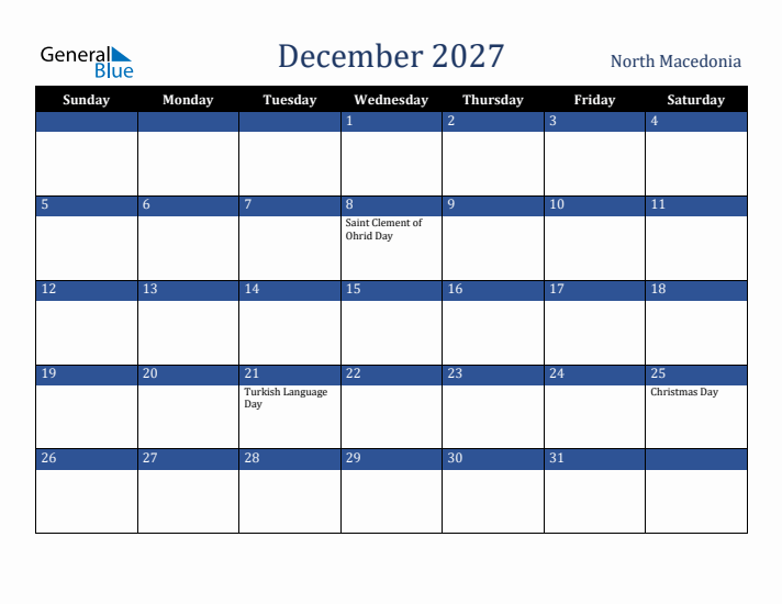 December 2027 North Macedonia Calendar (Sunday Start)