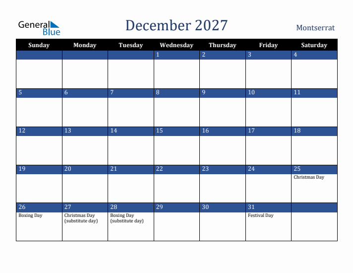 December 2027 Montserrat Calendar (Sunday Start)