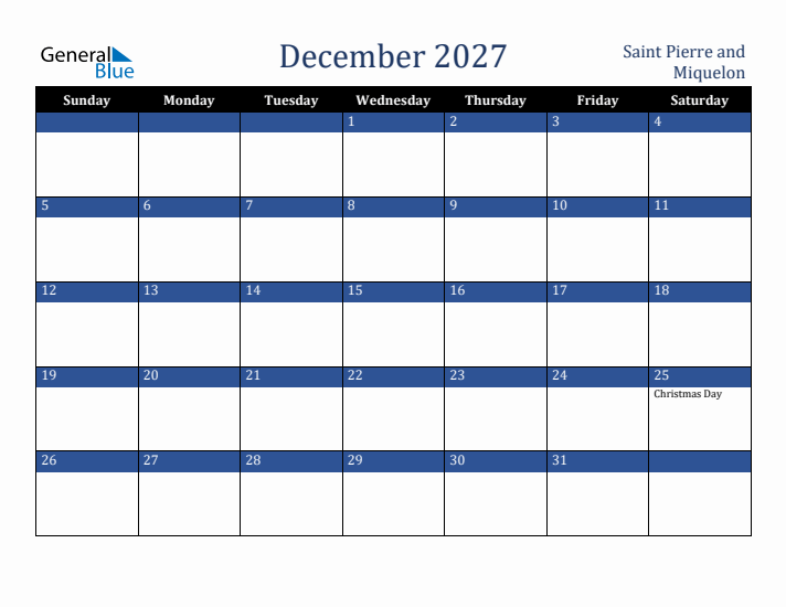 December 2027 Saint Pierre and Miquelon Calendar (Sunday Start)