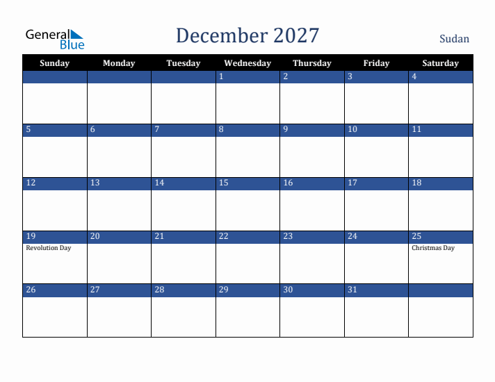 December 2027 Sudan Calendar (Sunday Start)