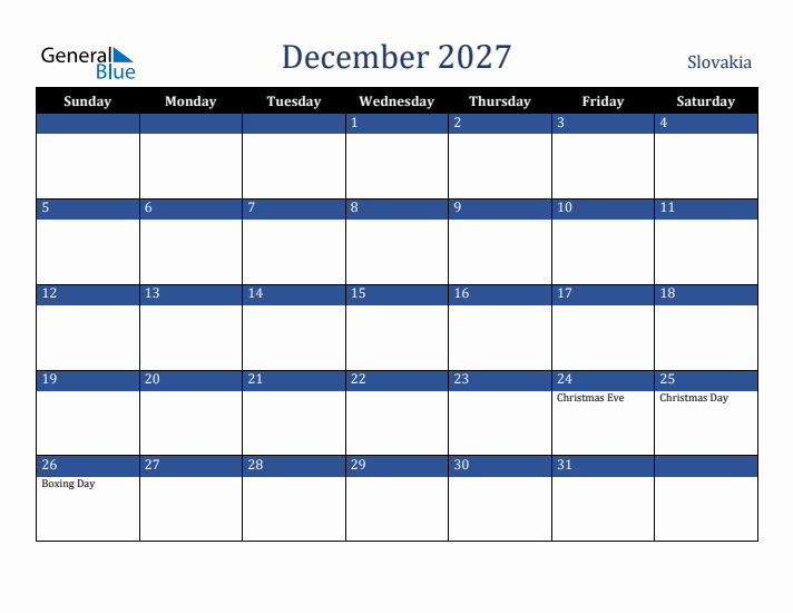 December 2027 Slovakia Calendar (Sunday Start)