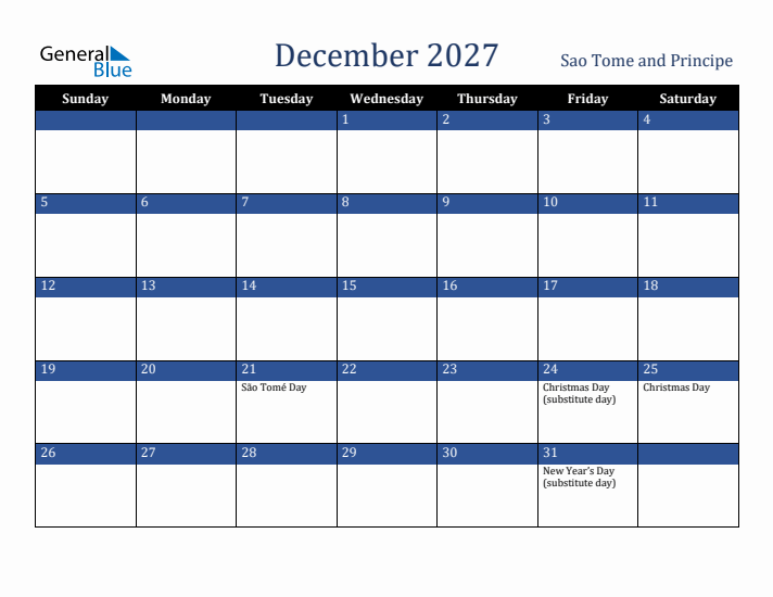 December 2027 Sao Tome and Principe Calendar (Sunday Start)