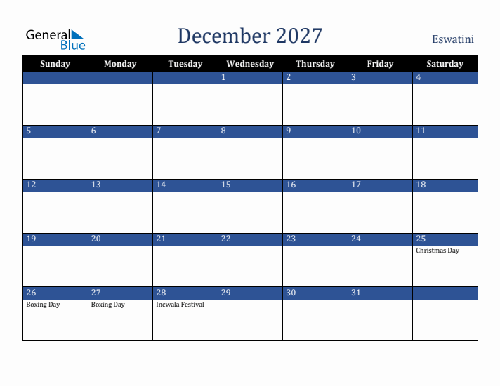 December 2027 Eswatini Calendar (Sunday Start)