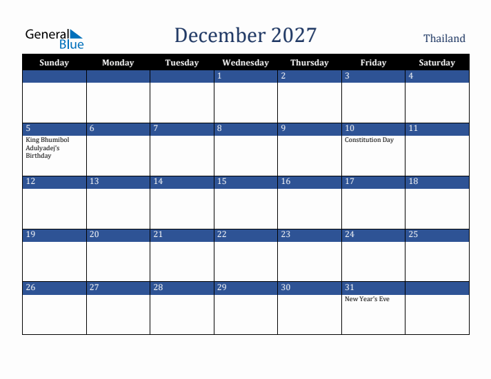 December 2027 Thailand Calendar (Sunday Start)