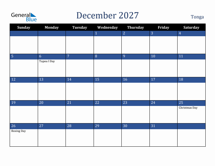December 2027 Tonga Calendar (Sunday Start)
