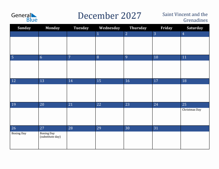 December 2027 Saint Vincent and the Grenadines Calendar (Sunday Start)