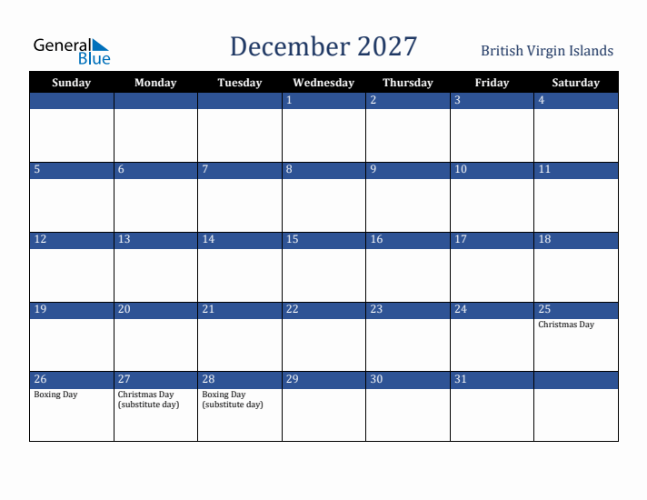 December 2027 British Virgin Islands Calendar (Sunday Start)