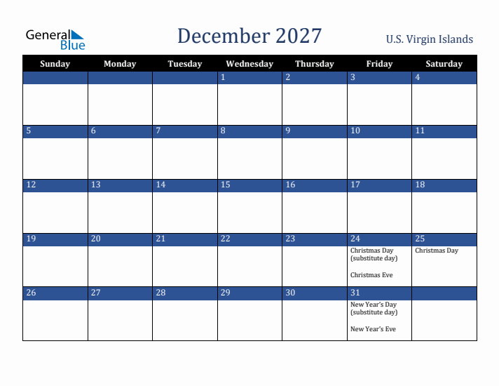 December 2027 U.S. Virgin Islands Calendar (Sunday Start)