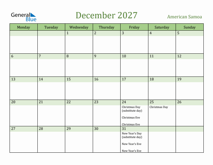 December 2027 Calendar with American Samoa Holidays