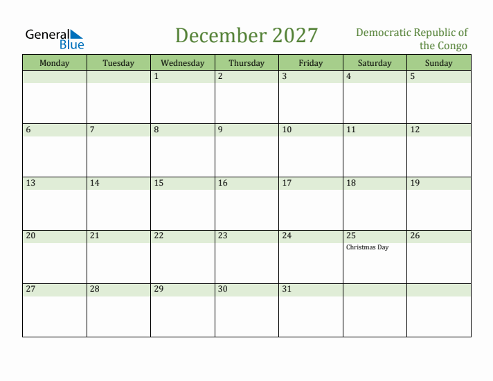 December 2027 Calendar with Democratic Republic of the Congo Holidays