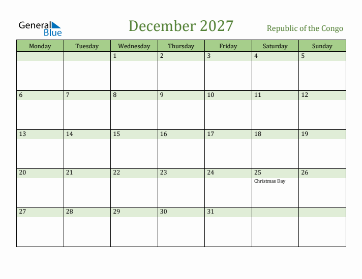 December 2027 Calendar with Republic of the Congo Holidays
